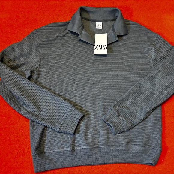 Zara petrol blue textured striped long sleeve sweater made in Europe NWT - Picture 2 of 7